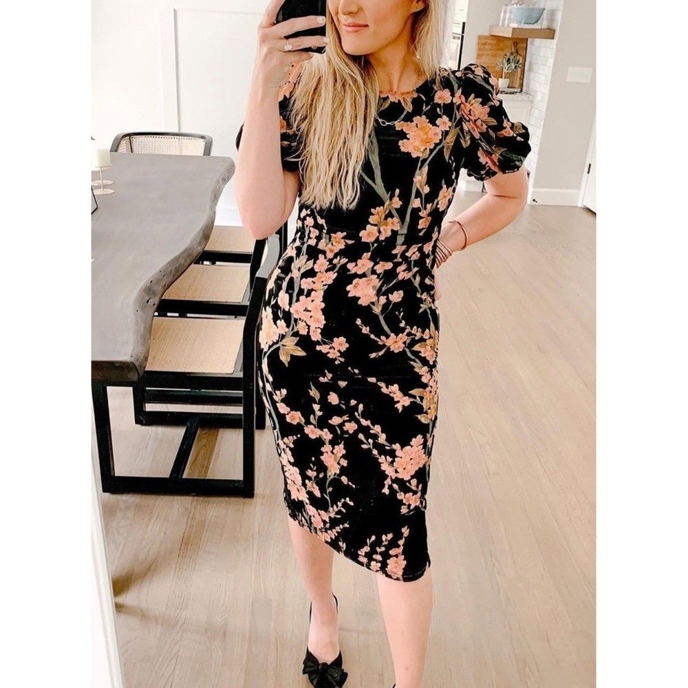 Ivy City Co Floral Puff Sleeve Midi Dress Black Peach Whimsygoth Fall XS